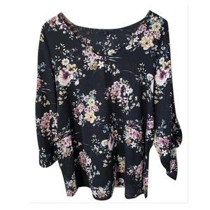 Gibson Black Floral Print Tie Sleeve Blouse SMALL